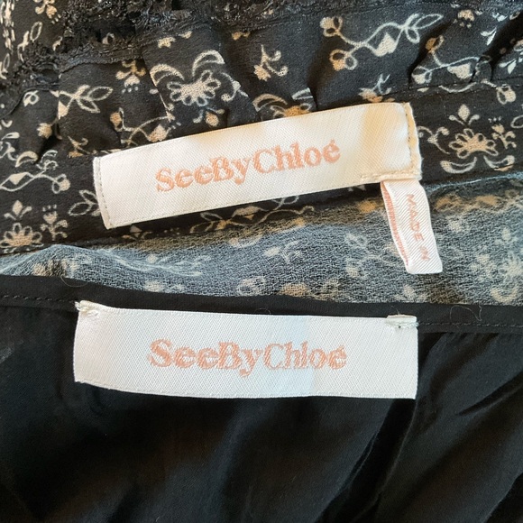 See By Chloe Black Floral Crepe Midi Dress FR Size 42 Ruffle Victorian Feminine - Picture 7 of 9